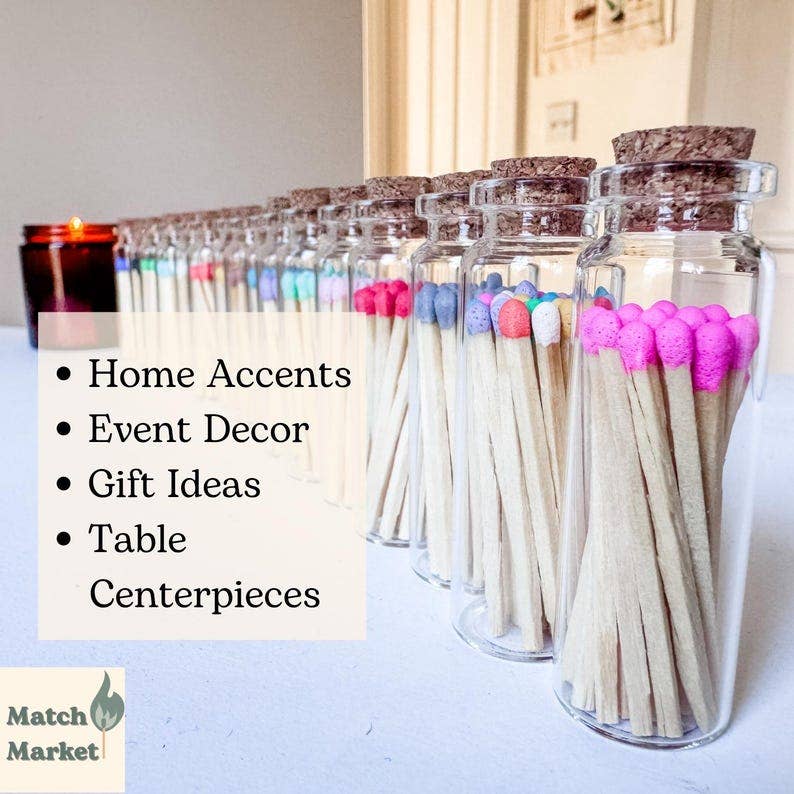 Color Tip Safety Matches in Glass Vial w Striker | 20 Colors: Blush