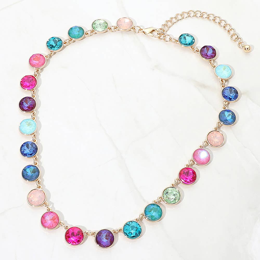 Round Colorful Stone Charm Station Necklace: Green,Multi