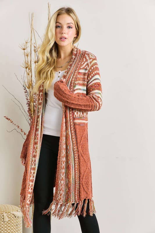 Fringe Hem Aztec Cardigan: RUST / 3-3 (S/M-M/L)