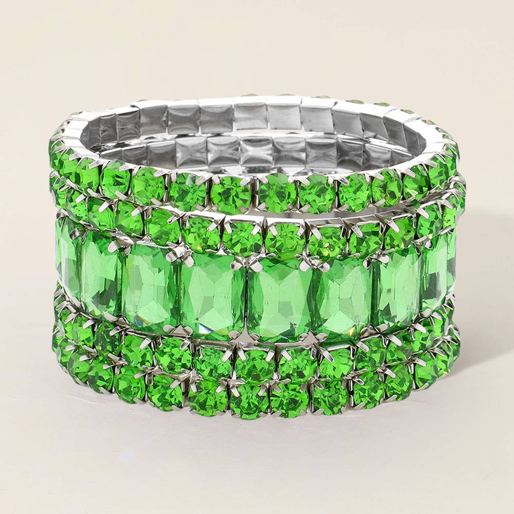 5PCS - Emerald Cut Round Stone Stretch Evening Bracelets: GOLD CLEAR