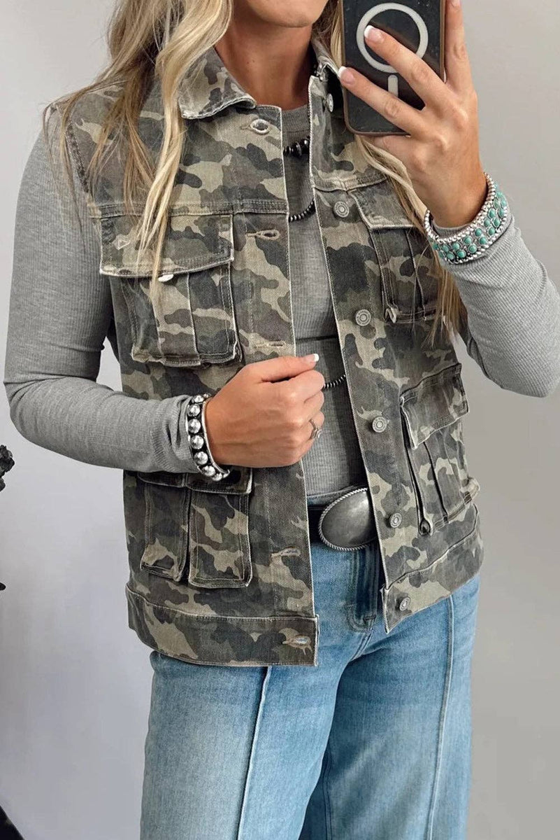 Camo Vest Utility Cargo Denim with Button Front Pockets