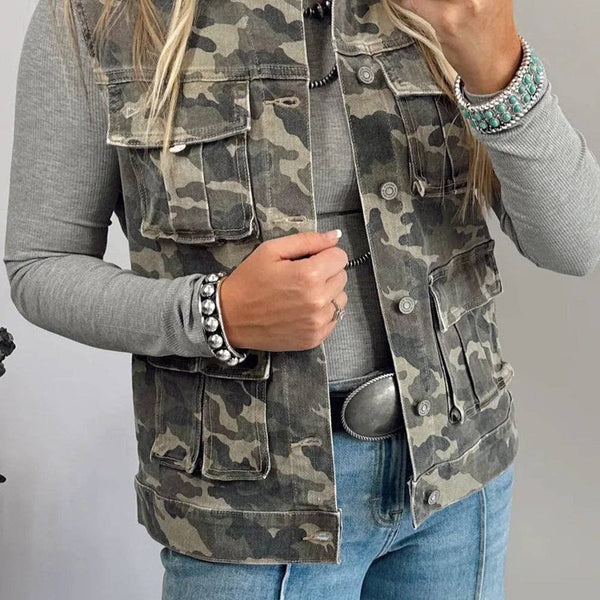 Camo Vest Utility Cargo Denim with Button Front Pockets