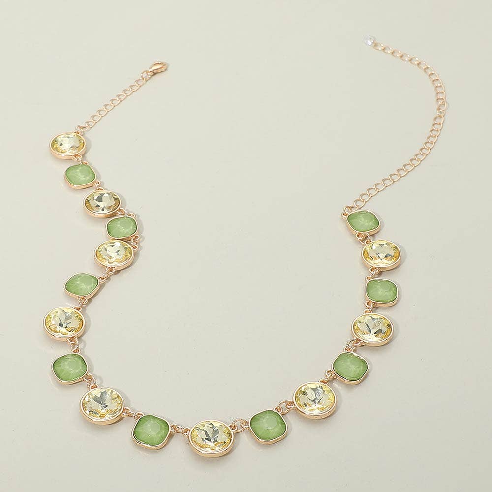Round Square Stone Bezel Cluster Link Necklace: Light Pink