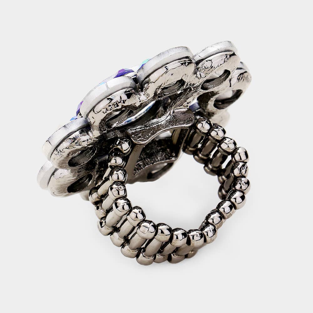 Round Crystal Flower Stretch Ring: Gold