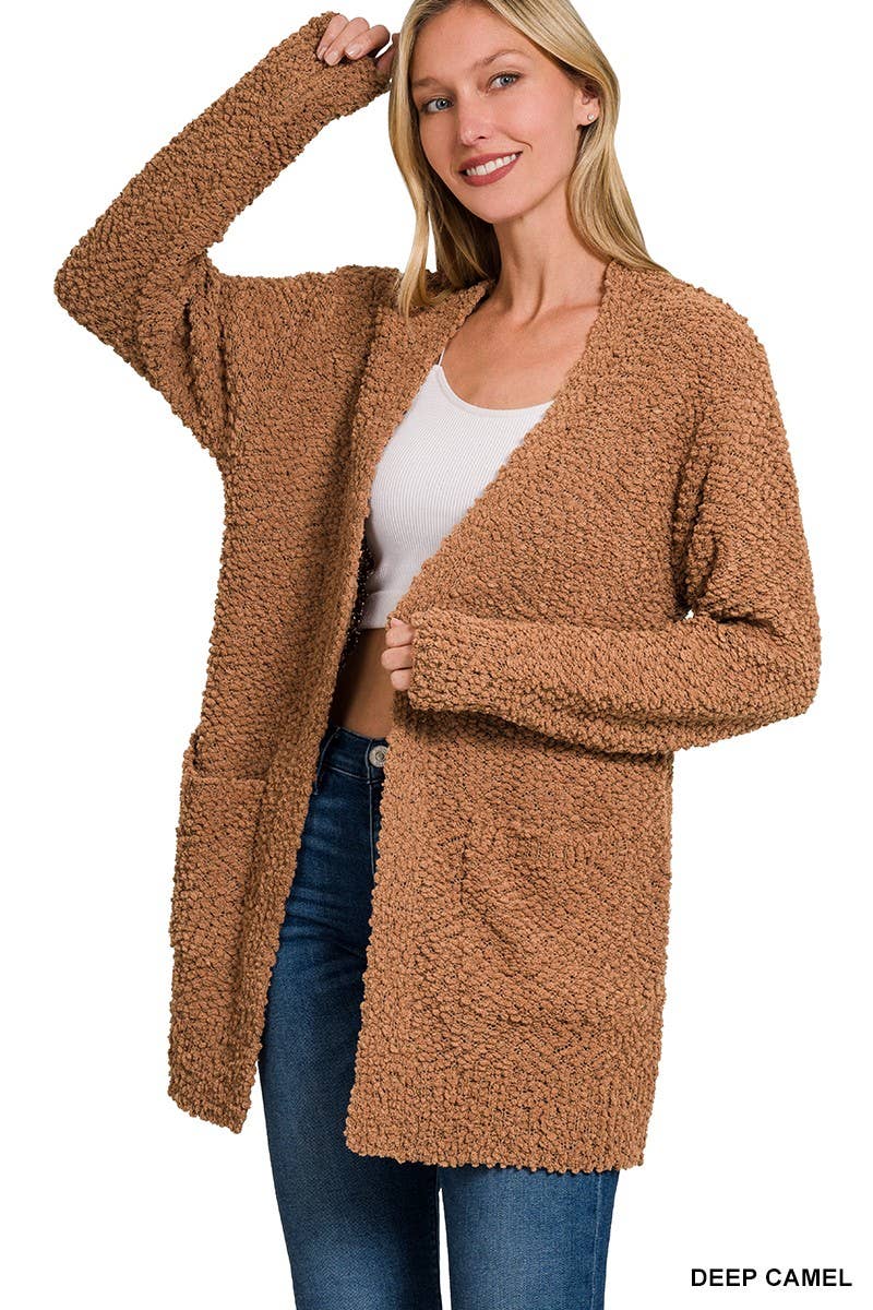 Long Sleeve Popcorn Sweater Cardigan With Pockets: BROWN / 1-1-1-1 (S-M-L-XL)