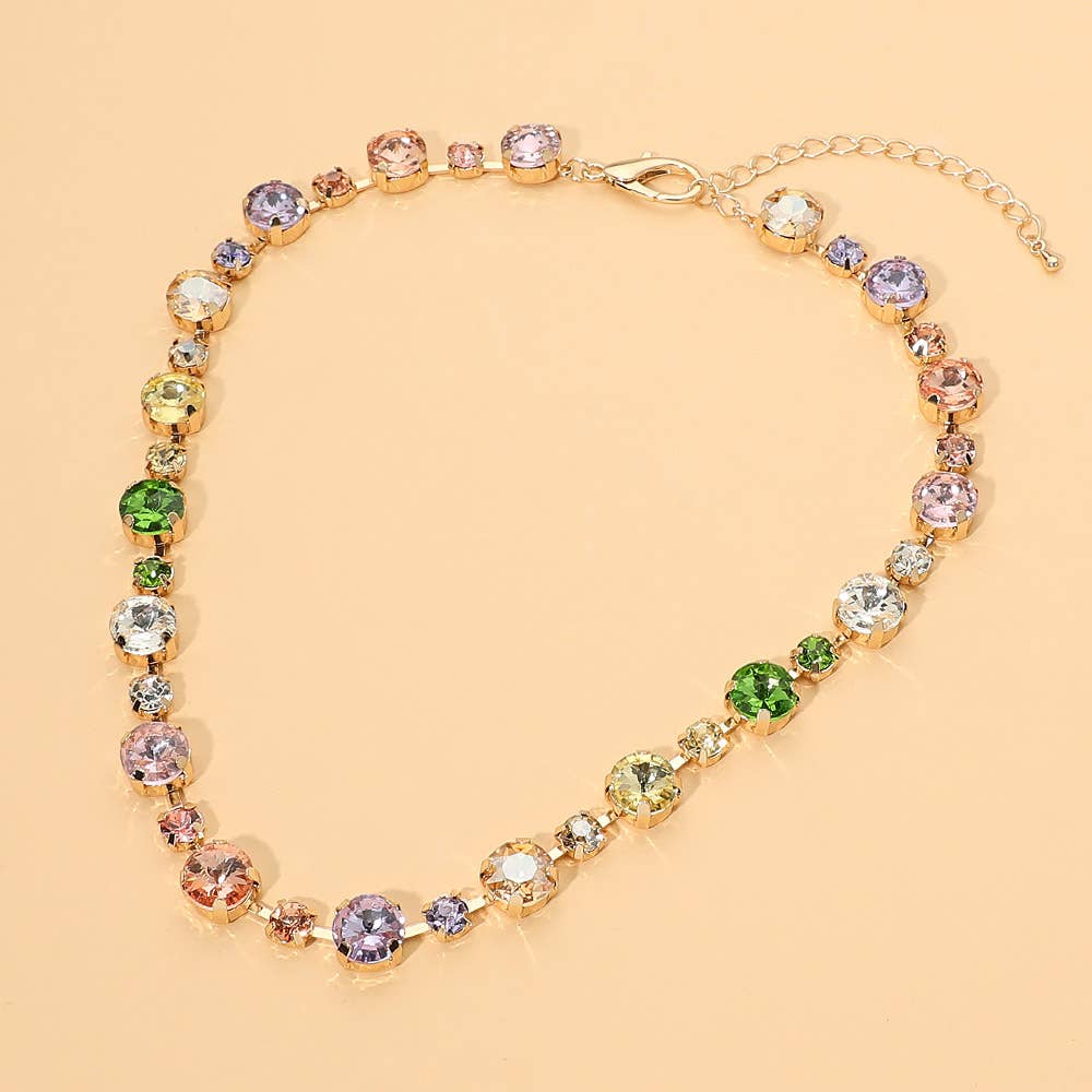 Alternating Round Stone Link Statement Necklace: Clear,Gold