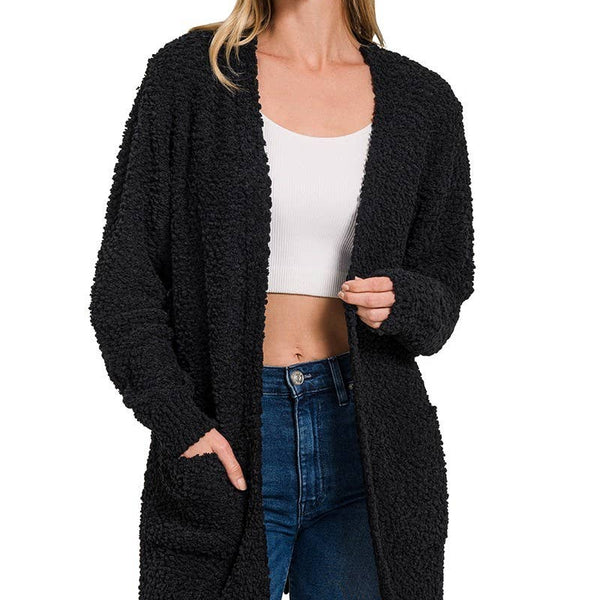Long Sleeve Popcorn Sweater Cardigan With Pockets: BLACK / 1-1-1-1 (S-M-L-XL)