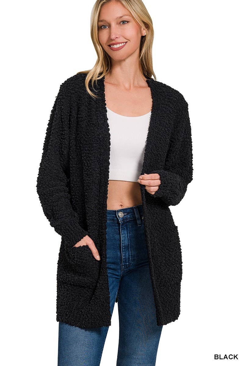 Long Sleeve Popcorn Sweater Cardigan With Pockets: ASH JADE / 1-1-1-1 (S-M-L-XL)