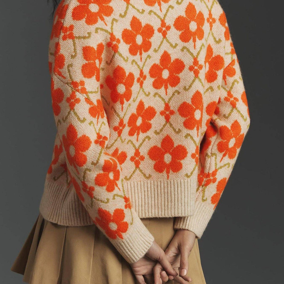 Floral Jacquard Sweater Knitted Cardigan: Orange Apricot