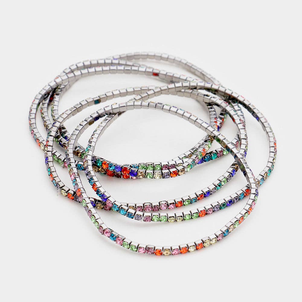 6PCS - Rhinestone Stretch Evening Bracelets: Clear,Silver