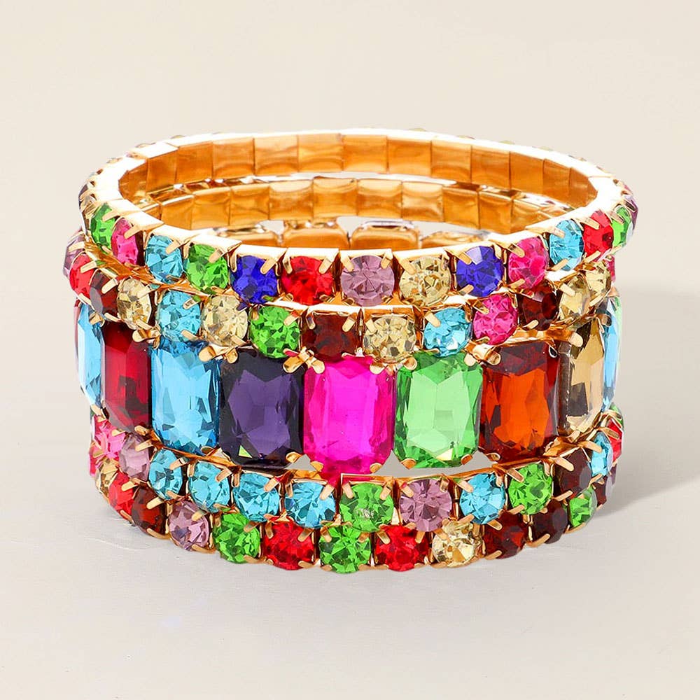 5PCS - Emerald Cut Round Stone Stretch Evening Bracelets: SILVER AB