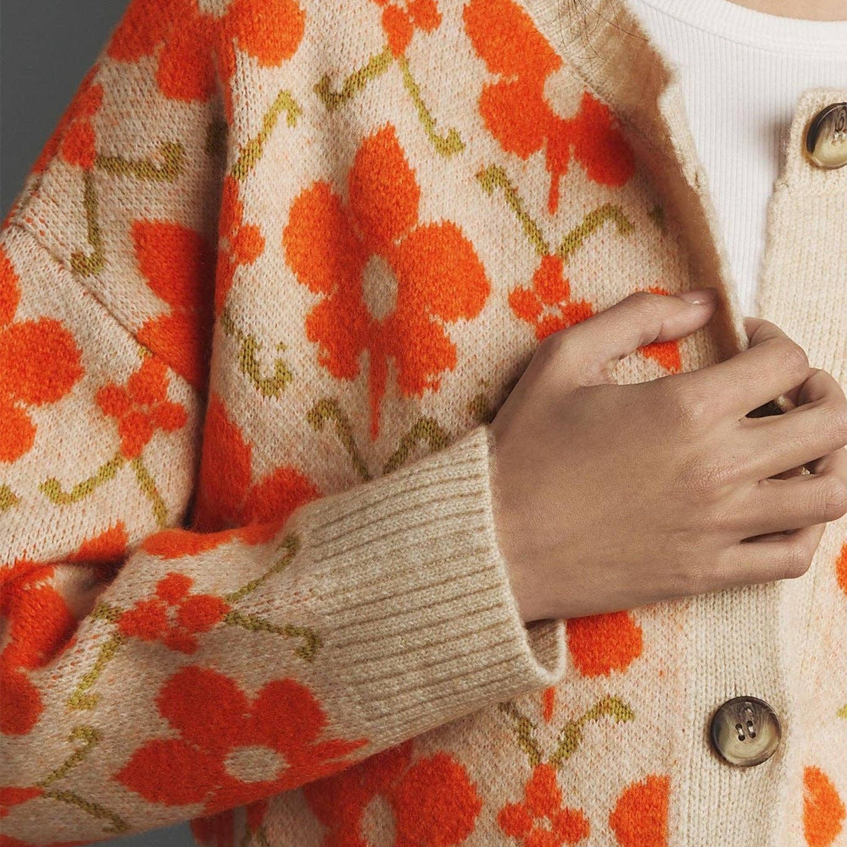 Floral Jacquard Sweater Knitted Cardigan: Orange Apricot
