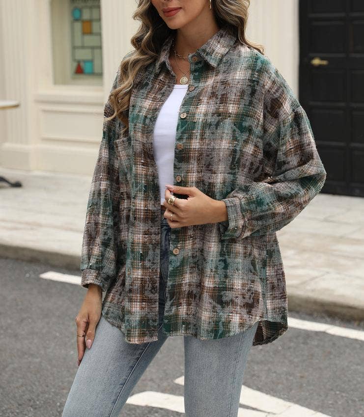 Plaid jacket checked ripped shacket: Green / L