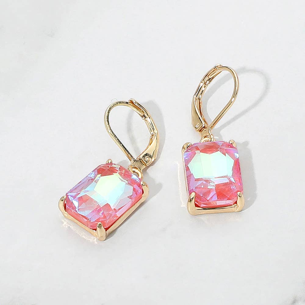 Rectangular Glass Stone Drop Dangle Earrings: Clear,Silver
