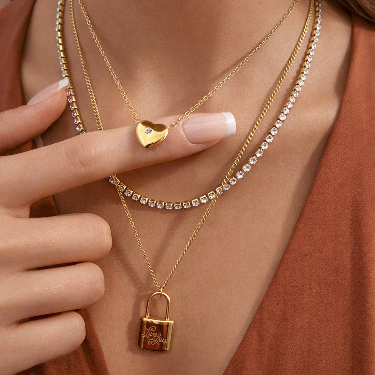 18K Gold Plated Stainless Steel Layered Lock Necklace