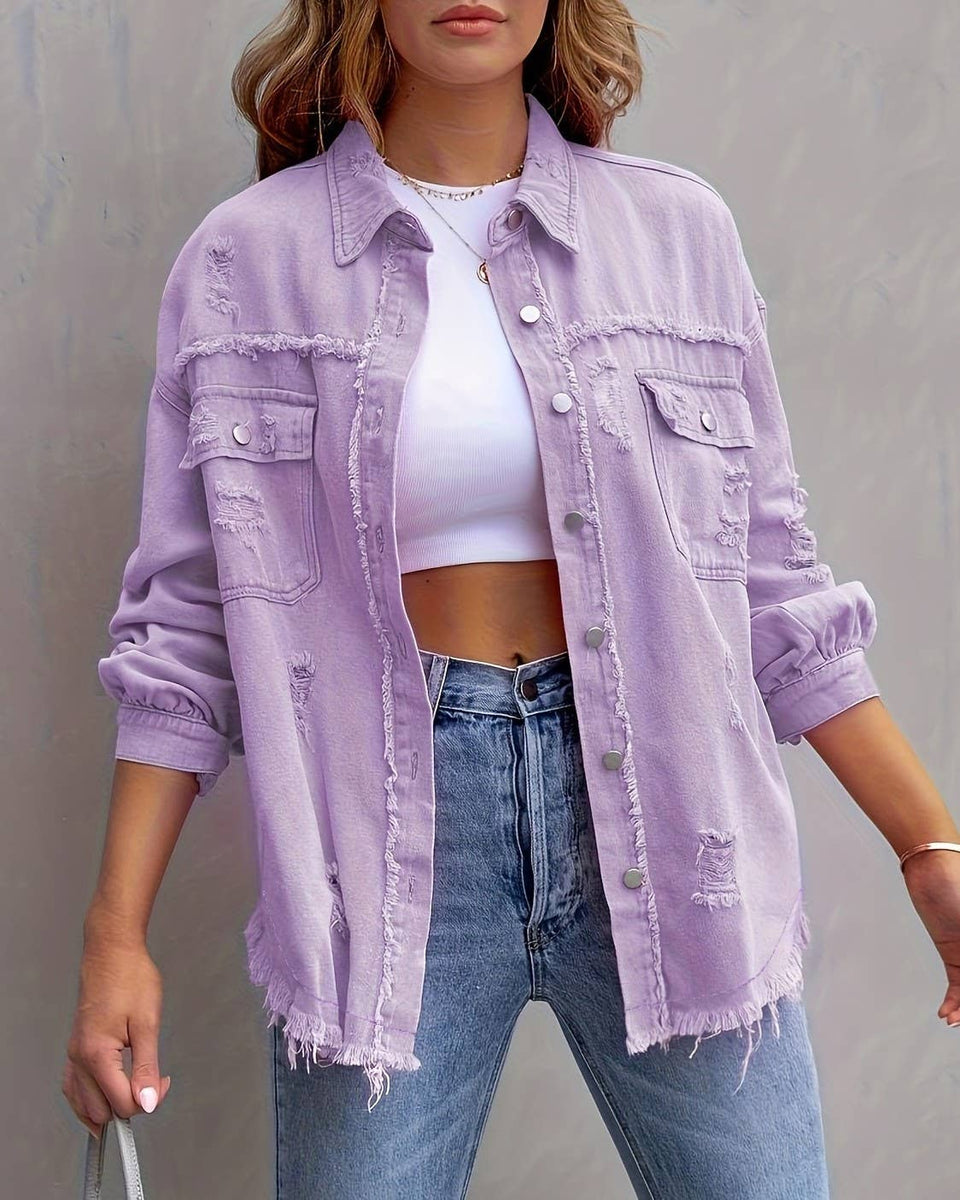 Ripped Loose Denim Jacket: Violet / M
