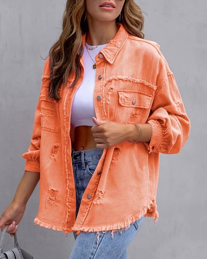 Ripped Loose Denim Jacket: Violet / M