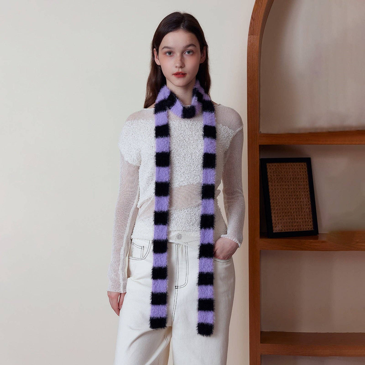Trendy Striped Knitted Scarf for Women: Black and White Patchwork