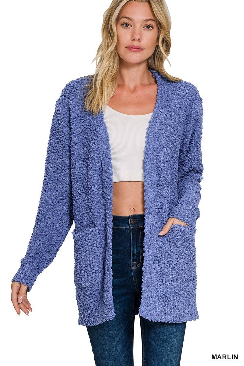 Long Sleeve Popcorn Sweater Cardigan With Pockets: ASH JADE / 1-1-1-1 (S-M-L-XL)