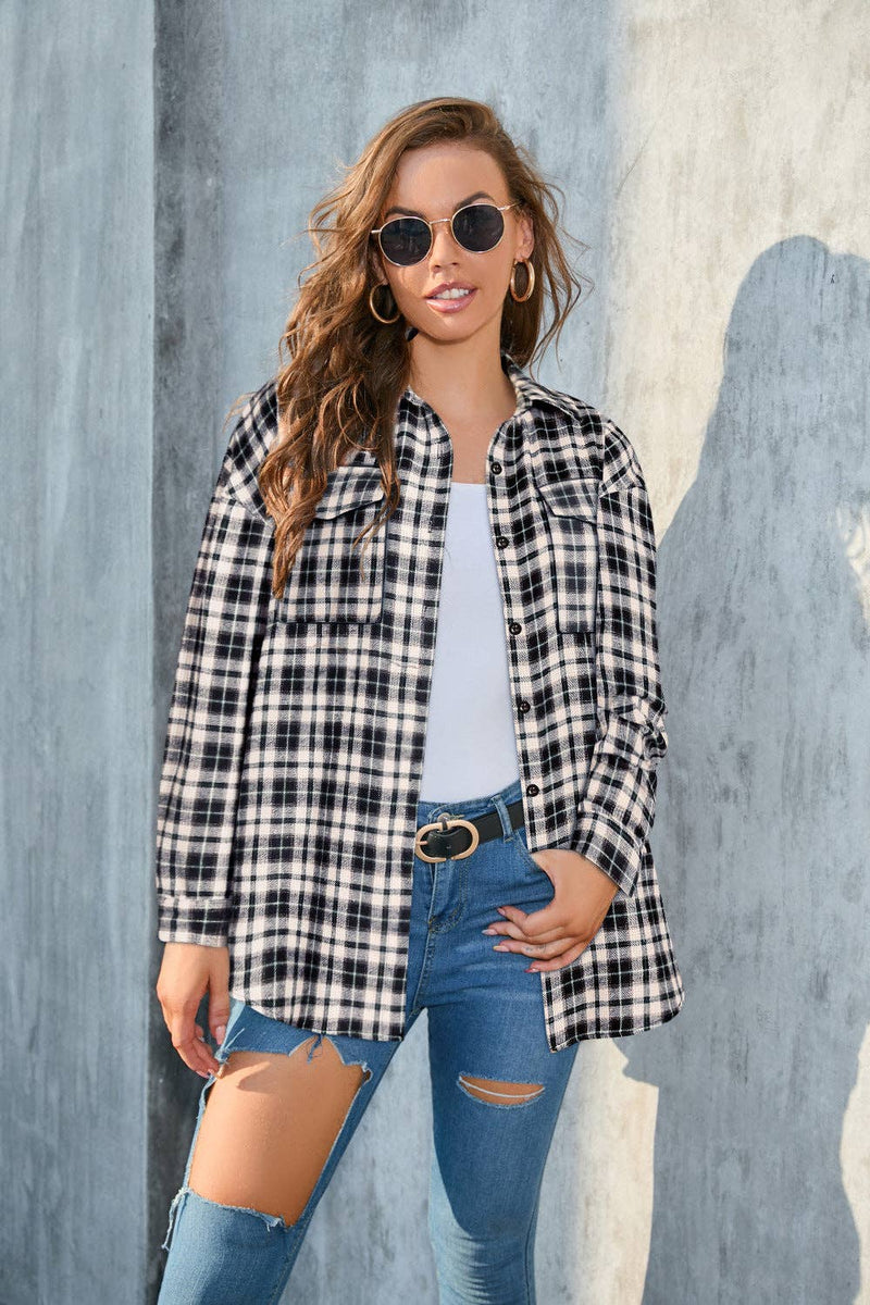 Plaid Button-Up Shirt Jacket: Pink / L