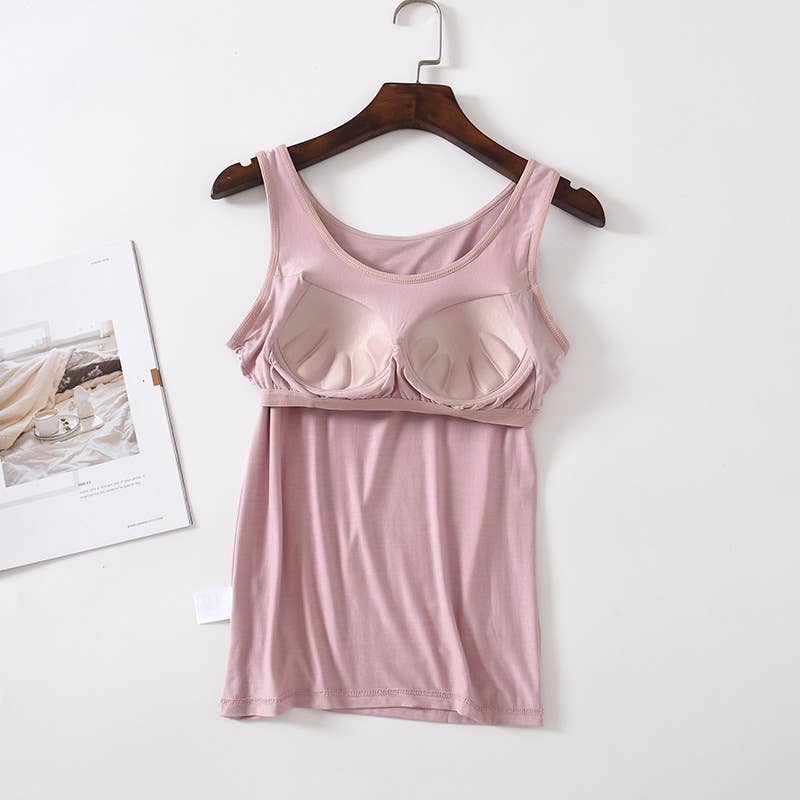Skin-friendly soft round neck built-in bra tank top: Black / L