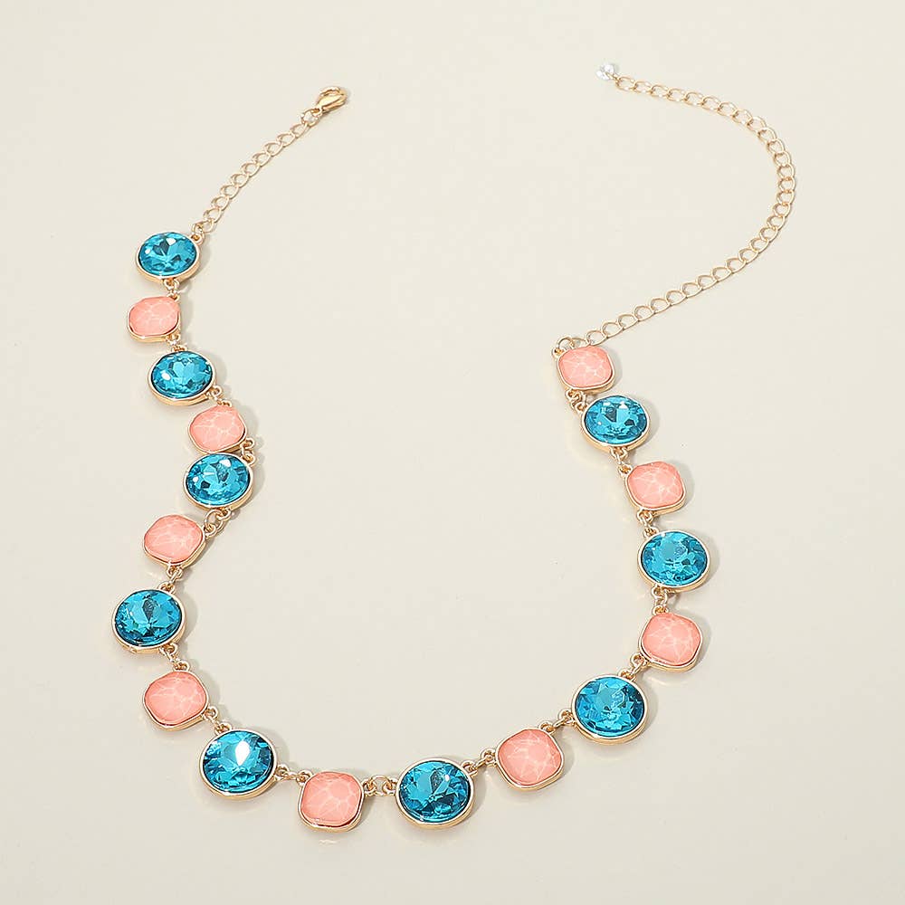 Round Square Stone Bezel Cluster Link Necklace: Light Pink
