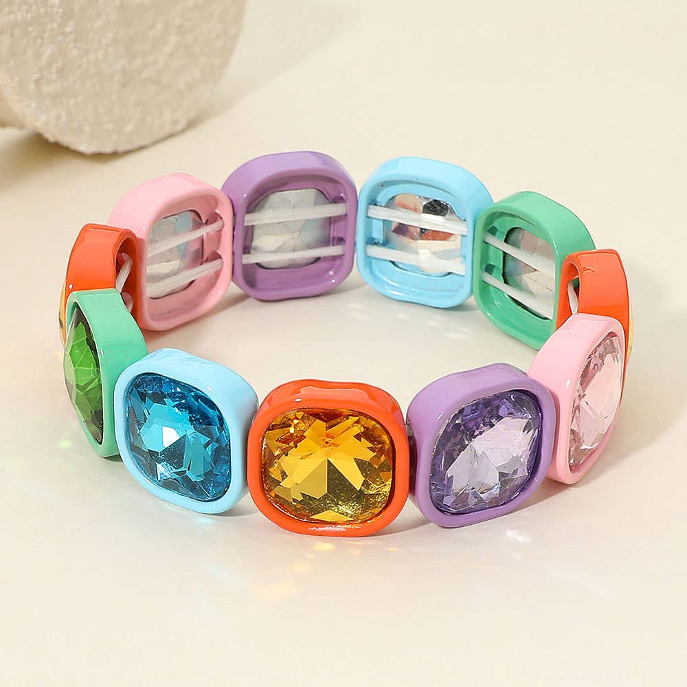 Faceted Cushion Gem Beaded Stretch Bracelet: Multi