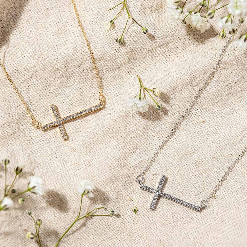 Sidways Crystal Pave Cross Pendant Necklace: Clear,Gold