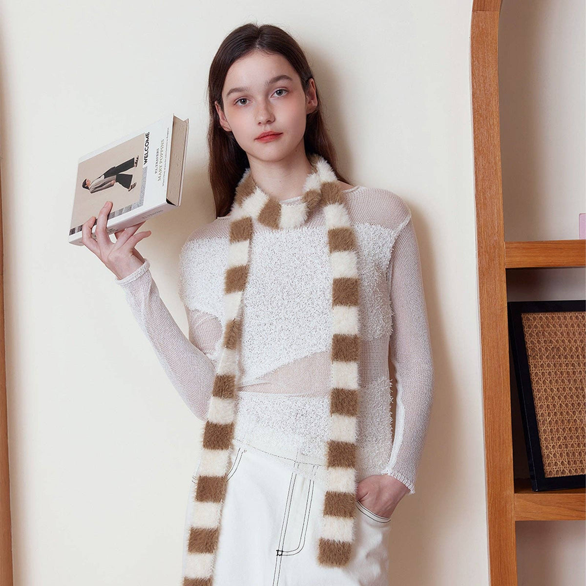 Trendy Striped Knitted Scarf for Women: Black and White Patchwork