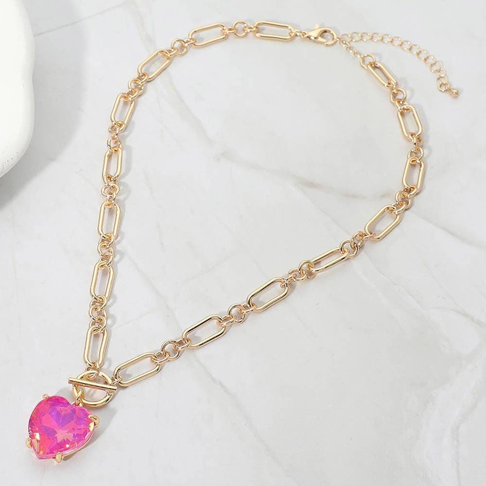 Chunky Heart Stone Cluster Toggle Pendant Necklace: Fuchsia,Neon