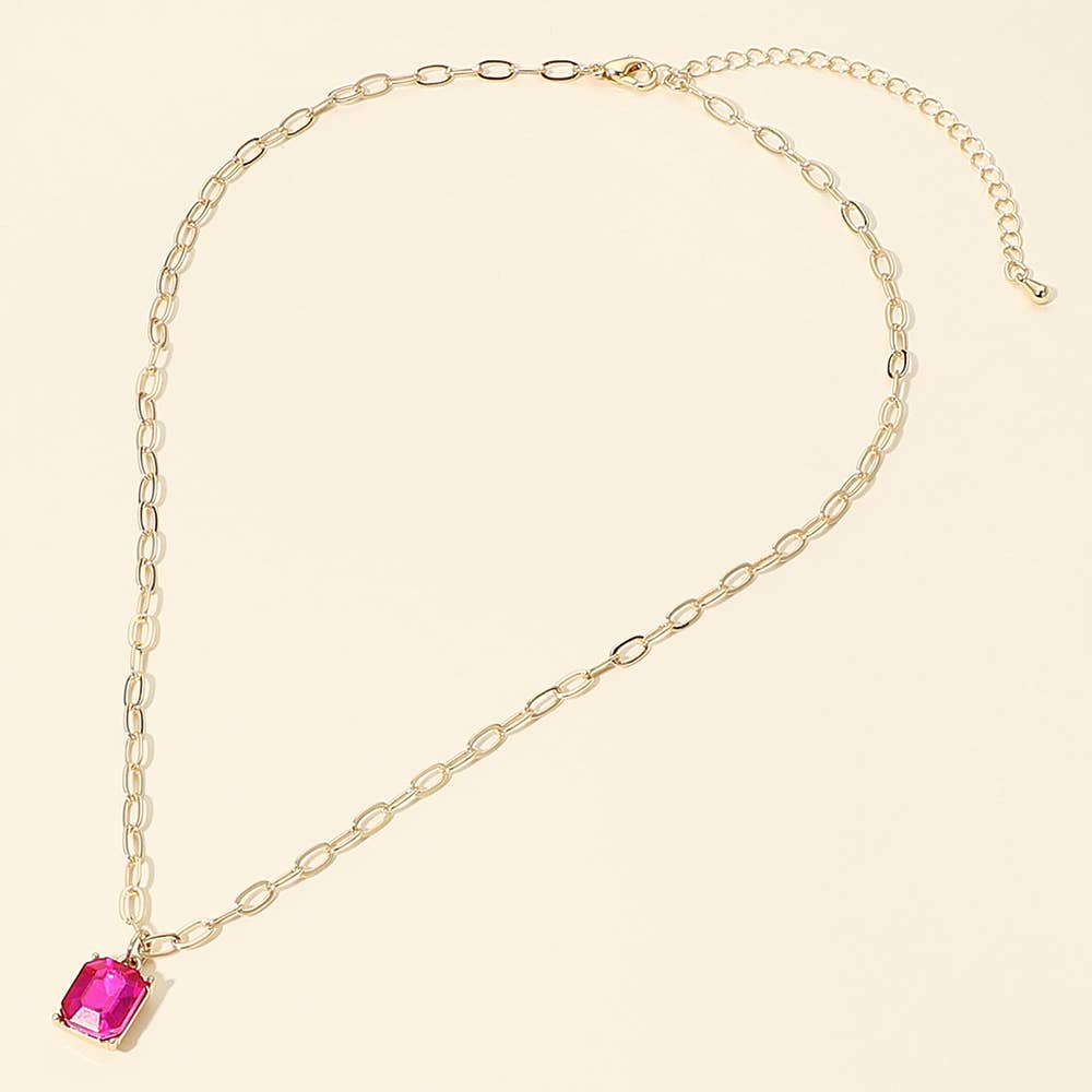 Faceted Rectangular Gem Pendant Paperclip Chain Necklace: Fuchsia,Gold