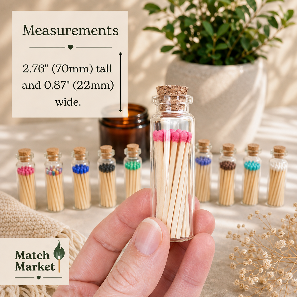 Color Tip Safety Matches in Glass Vial w Striker | 20 Colors: Sky