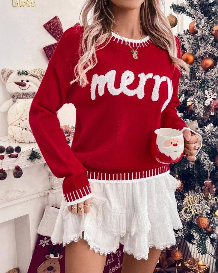 Merry Christmas Contrast Stitch Knit Sweater: RoseRed / L