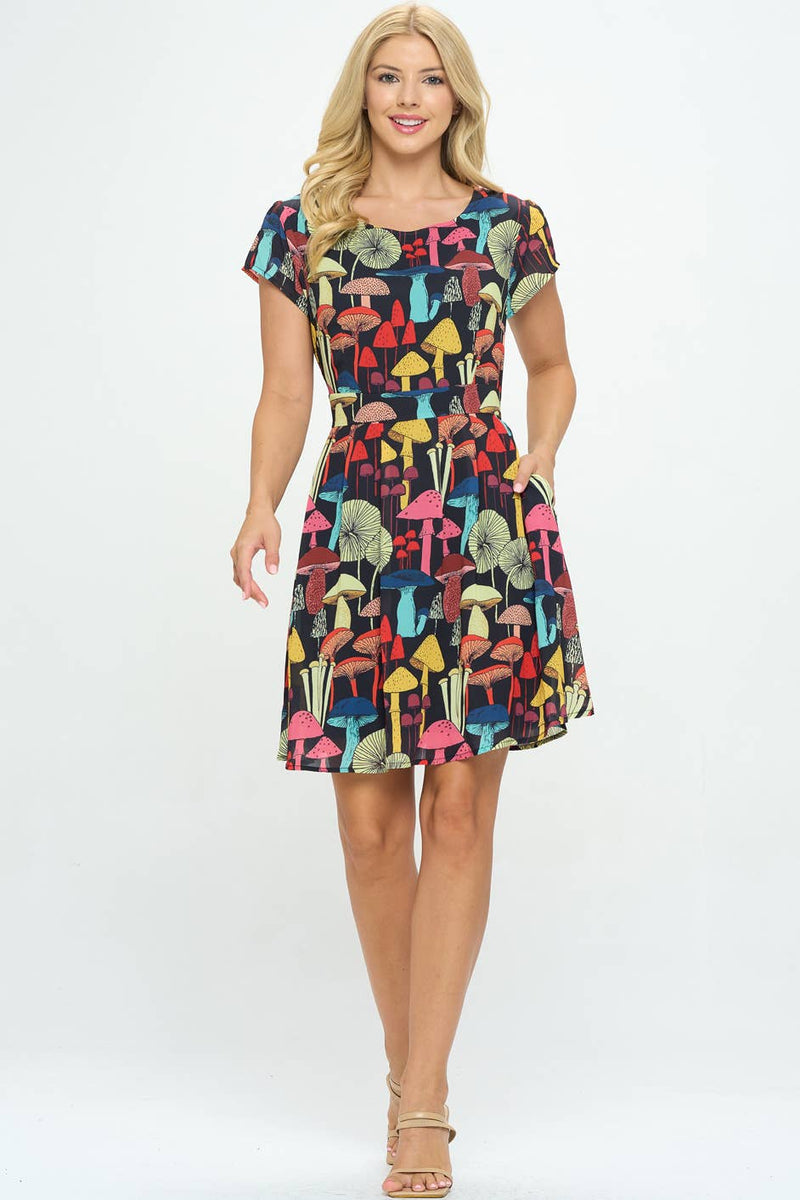 Mushroom Print Dress with Cap Sleeve