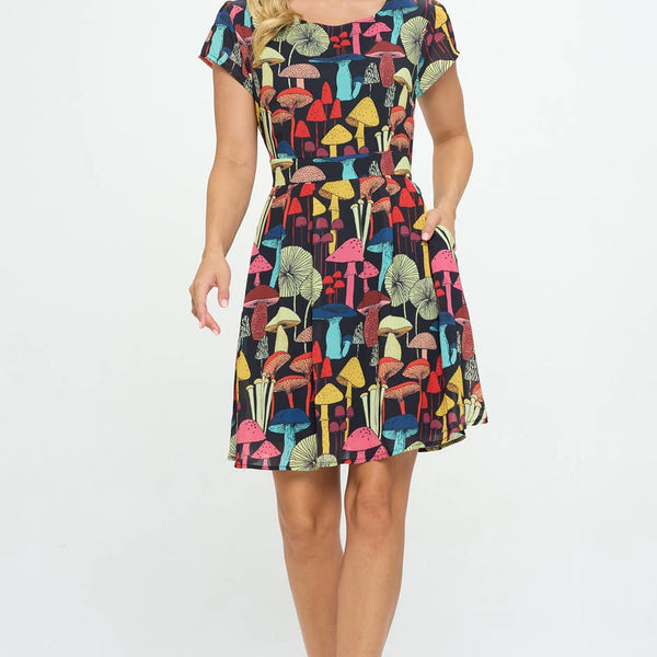 Mushroom Print Dress with Cap Sleeve