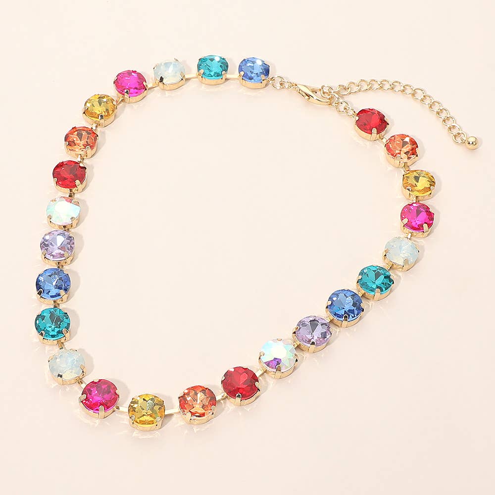 Round Cut Stone Cluster Link Evening Necklace: Gold,Opal,Pink