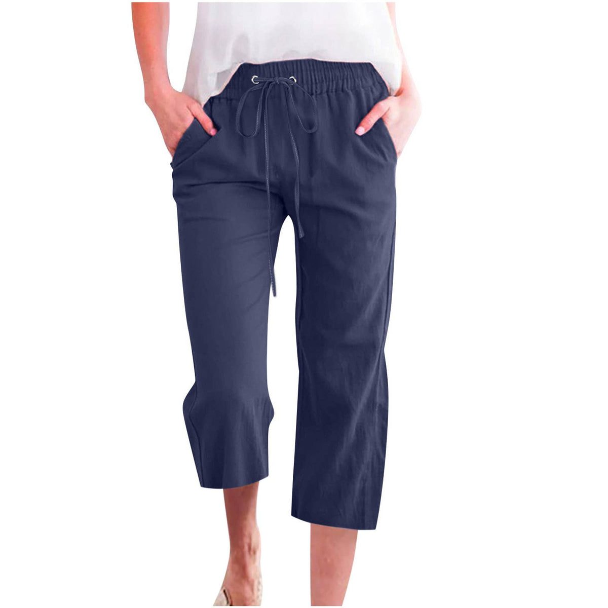 Casual Cropped Pants with Drawstring Waist and Pockets: DarkBlue / L