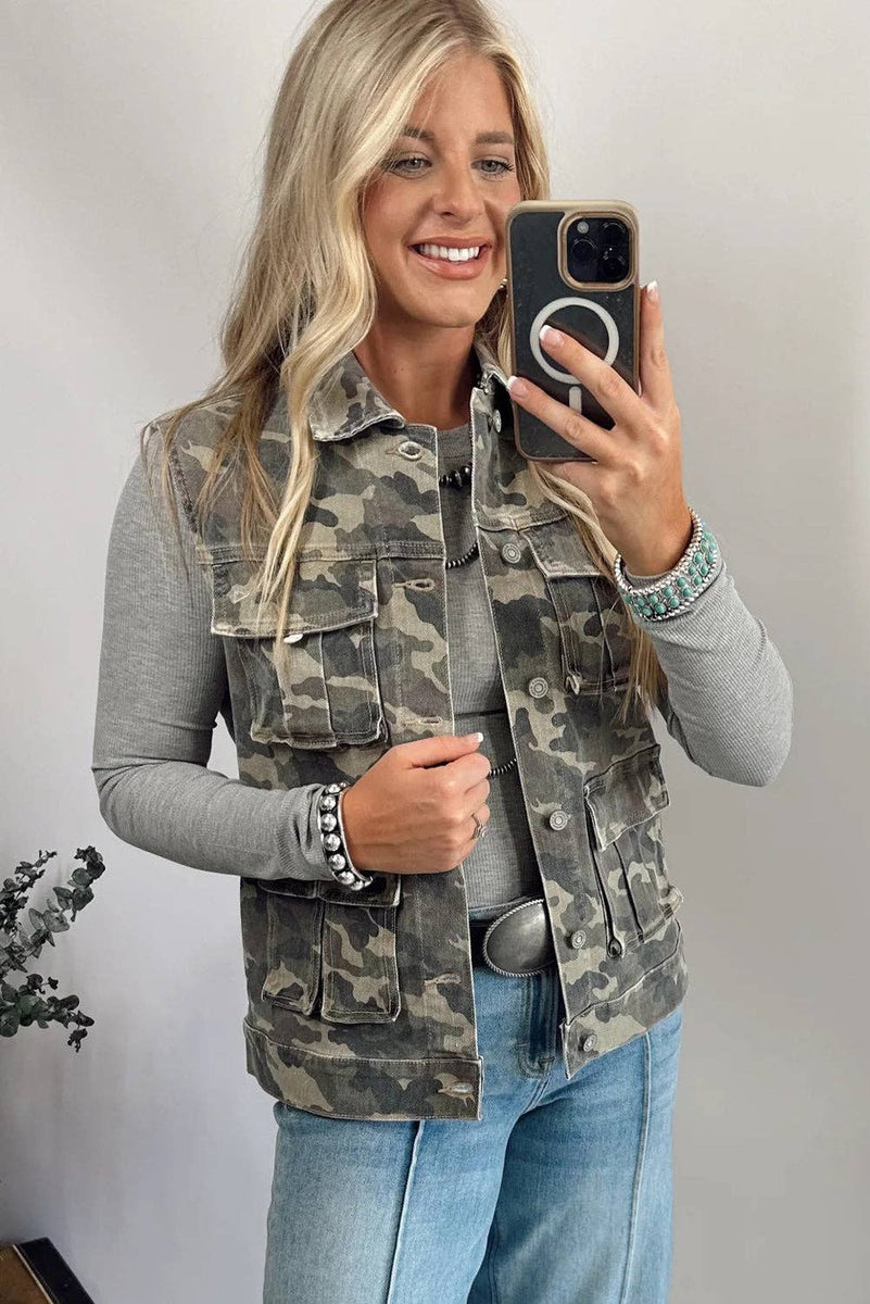 Camo Vest Utility Cargo Denim with Button Front Pockets