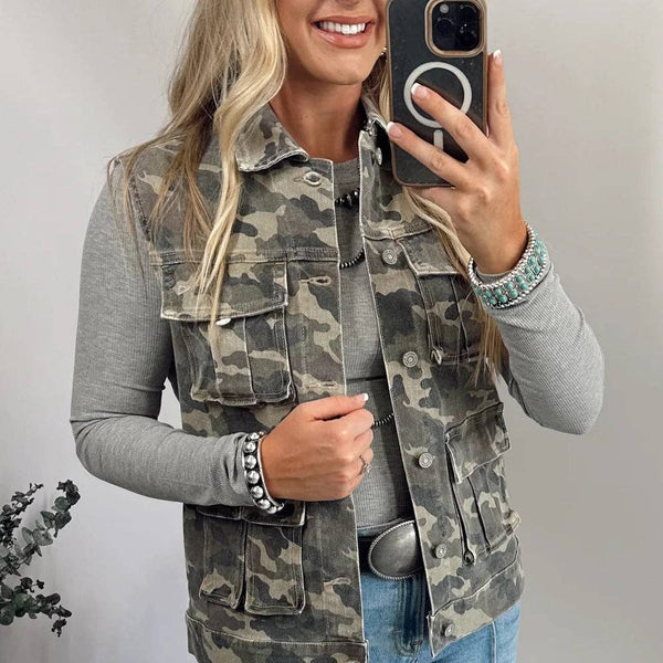 Camo Vest Utility Cargo Denim with Button Front Pockets