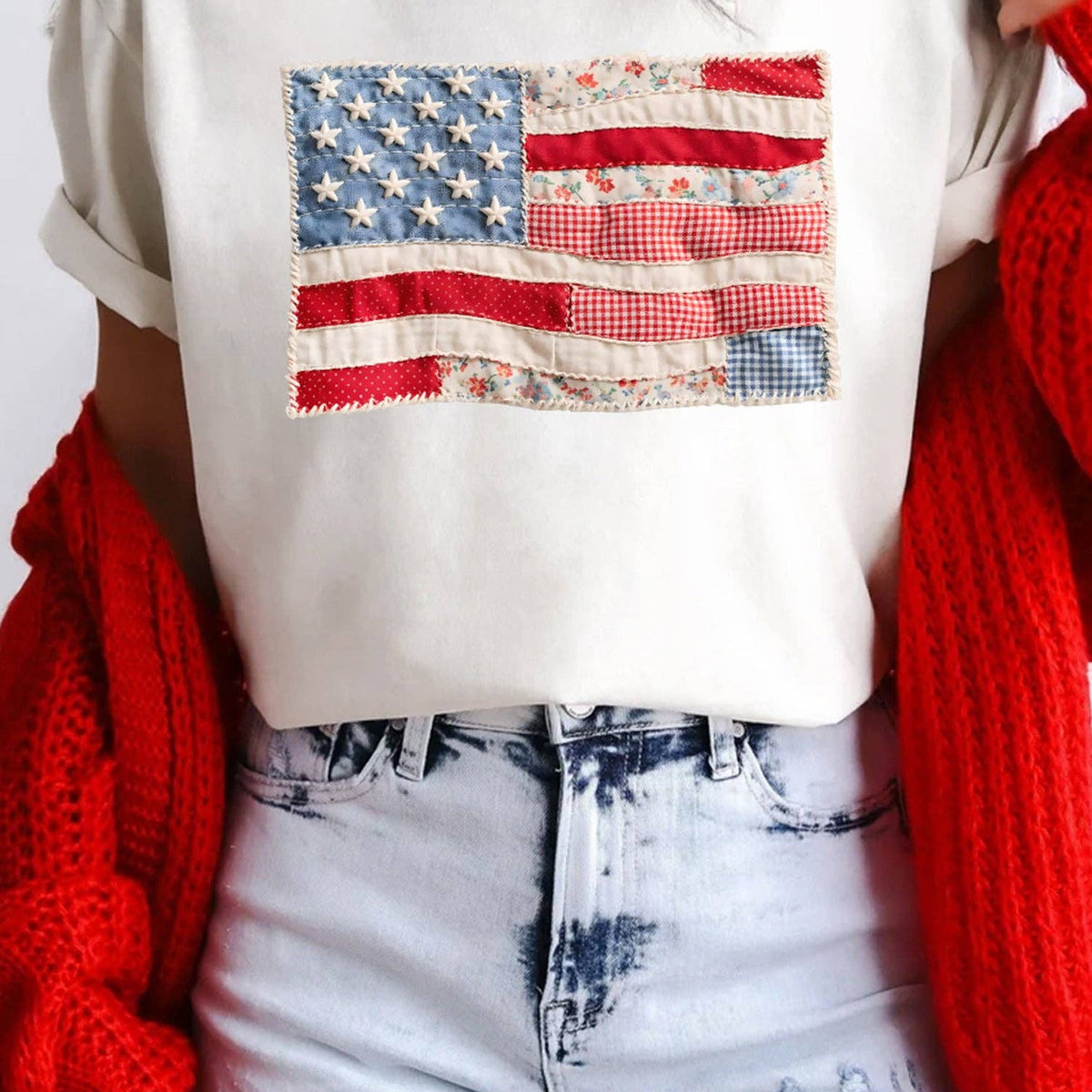 White USA Flag Tee w/flag image faux embroidery
