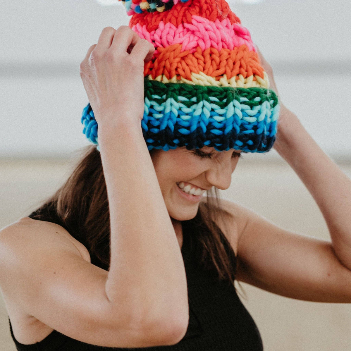Chunky Rainbow Beanie, Oversized Knitted Hat, Pom-Pom: Rainbow