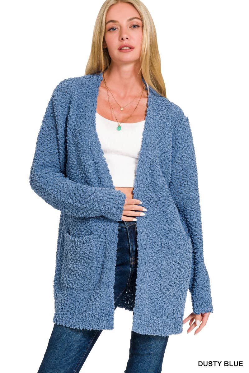 Long Sleeve Popcorn Sweater Cardigan With Pockets: BLACK / 1-1-1-1 (S-M-L-XL)