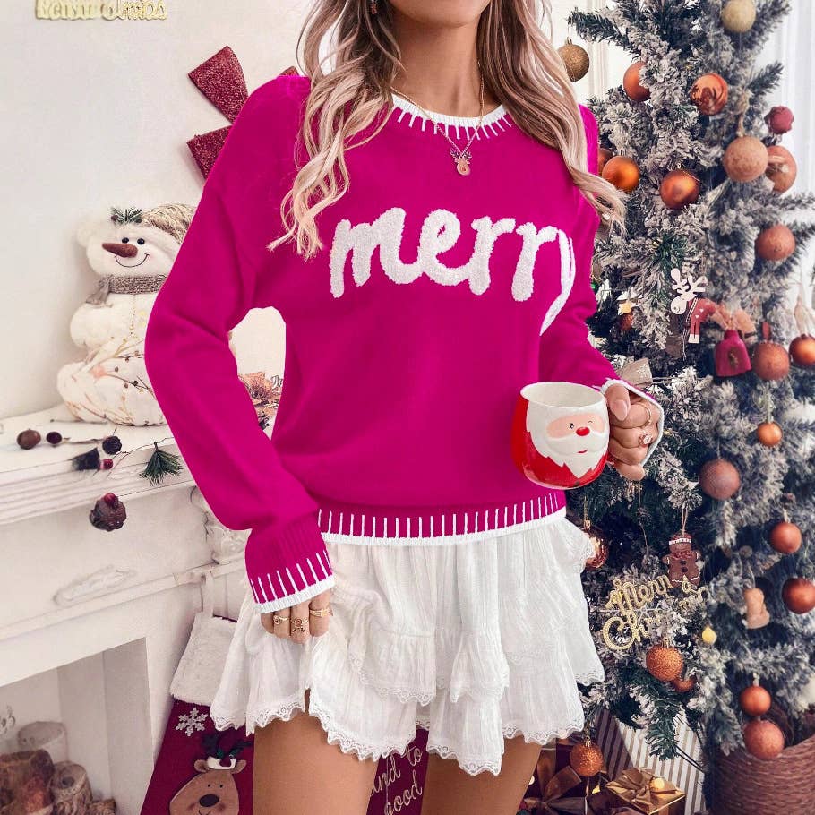 Merry Christmas Contrast Stitch Knit Sweater: RoseRed / L