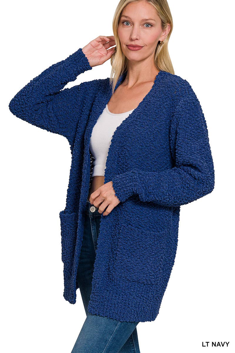 Long Sleeve Popcorn Sweater Cardigan With Pockets: ASH JADE / 1-1-1-1 (S-M-L-XL)