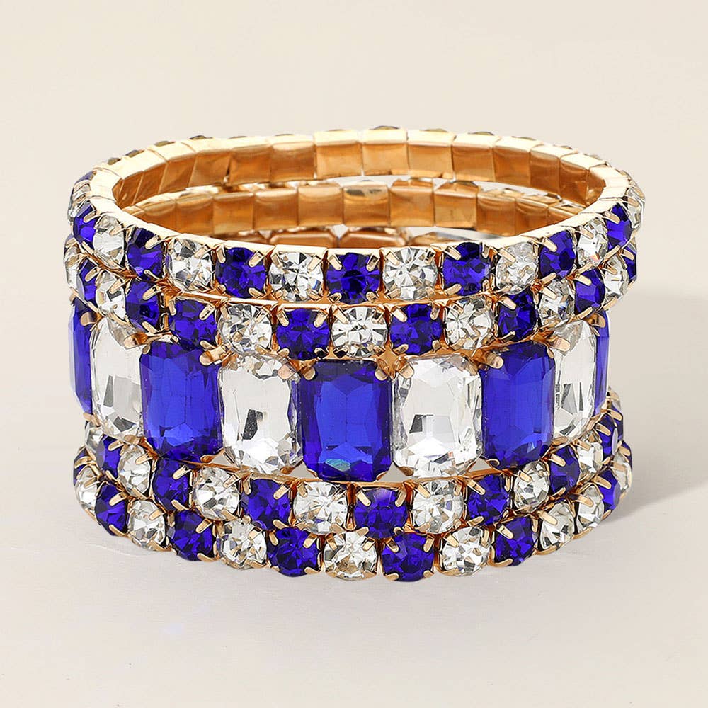 5PCS - Emerald Cut Round Stone Stretch Evening Bracelets: SILVER AB
