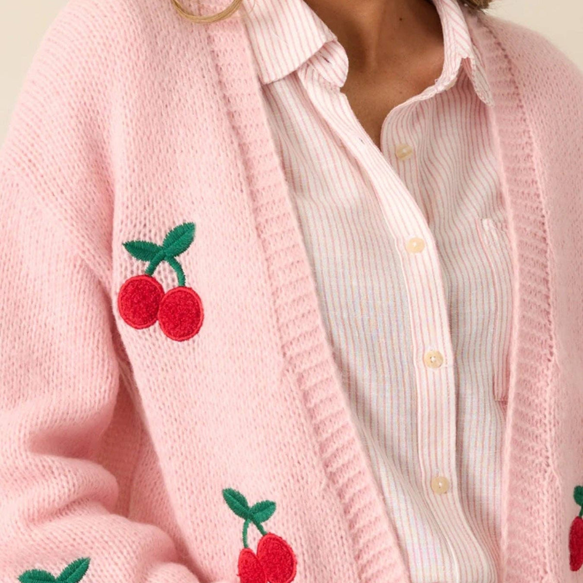 Cherry Embroidery Pink Sweater Cardigan