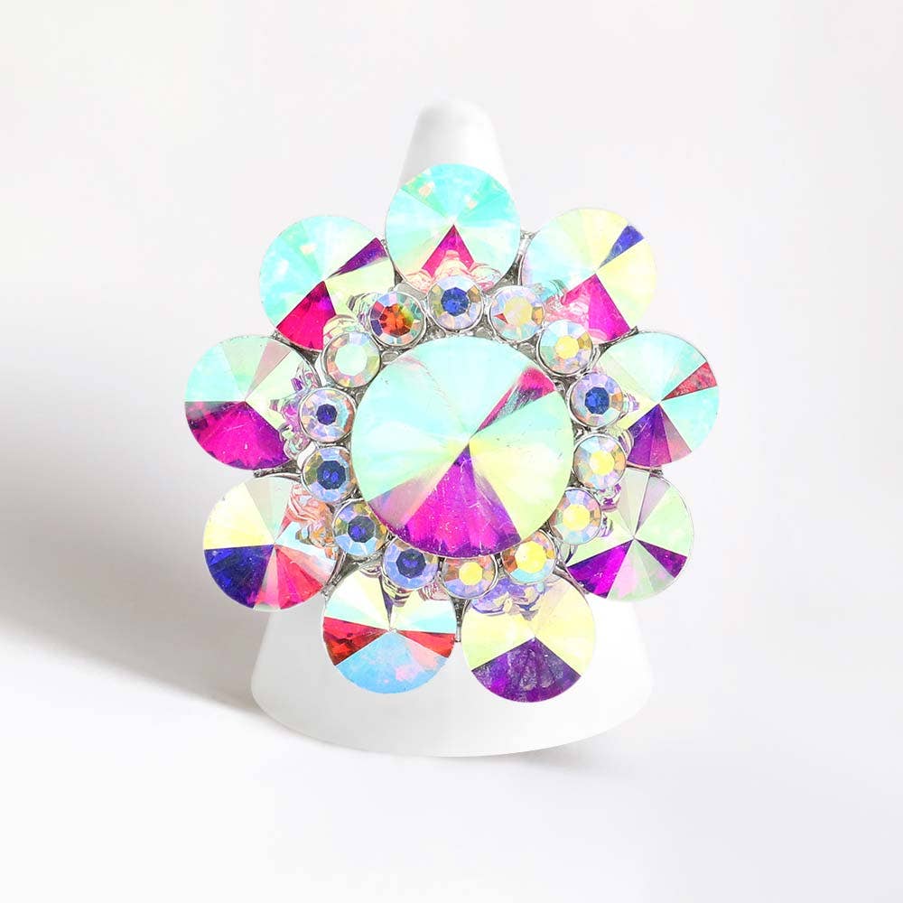 Round Crystal Flower Stretch Ring: Gold
