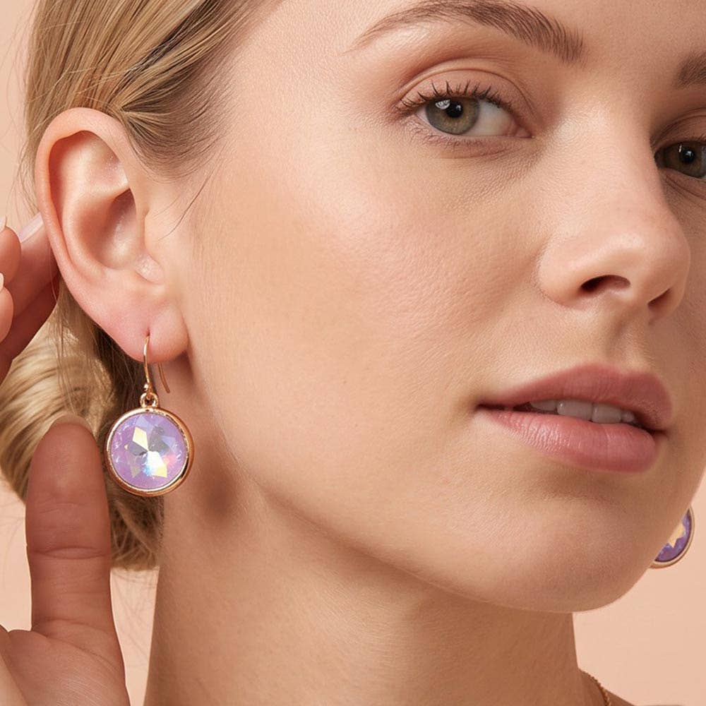 Round Faceted Stone Drop Dangle Earrings: Gold,White