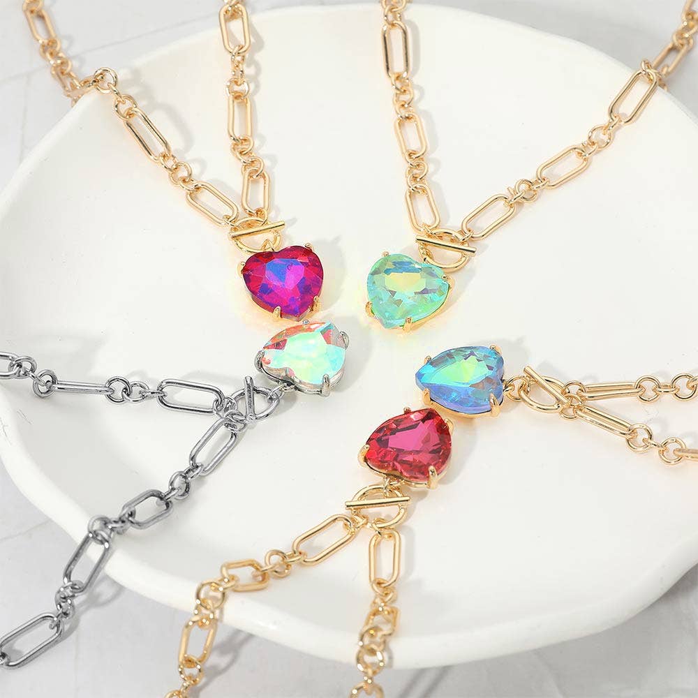 Chunky Heart Stone Cluster Toggle Pendant Necklace: Fuchsia,Neon
