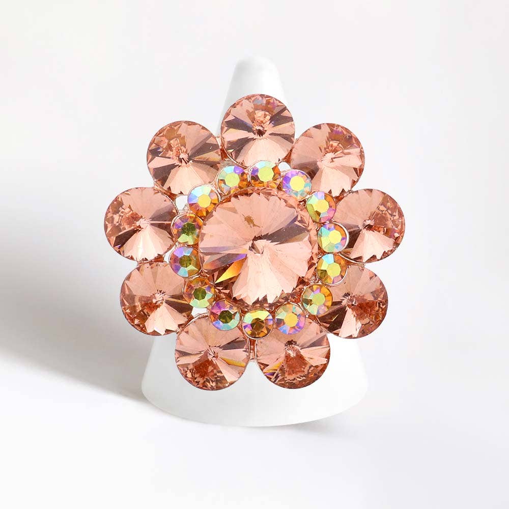 Round Crystal Flower Stretch Ring: AB,Gold